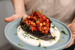 Baked Eggplants with Spicy Braised Chickpeas and Yogurt