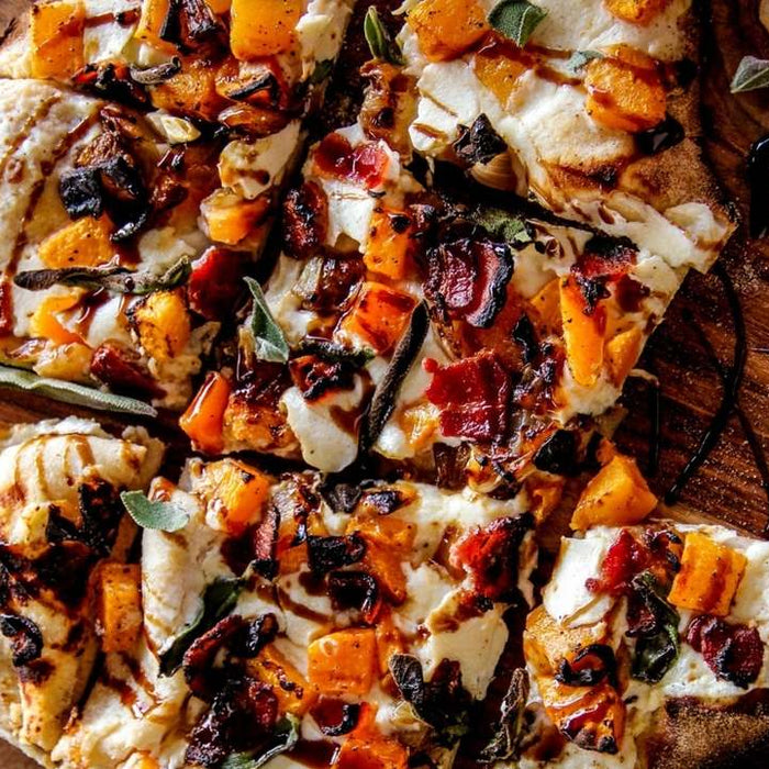 Protein-crust Pizza with Butternut Squash, Bacon, and Caramelised Onion