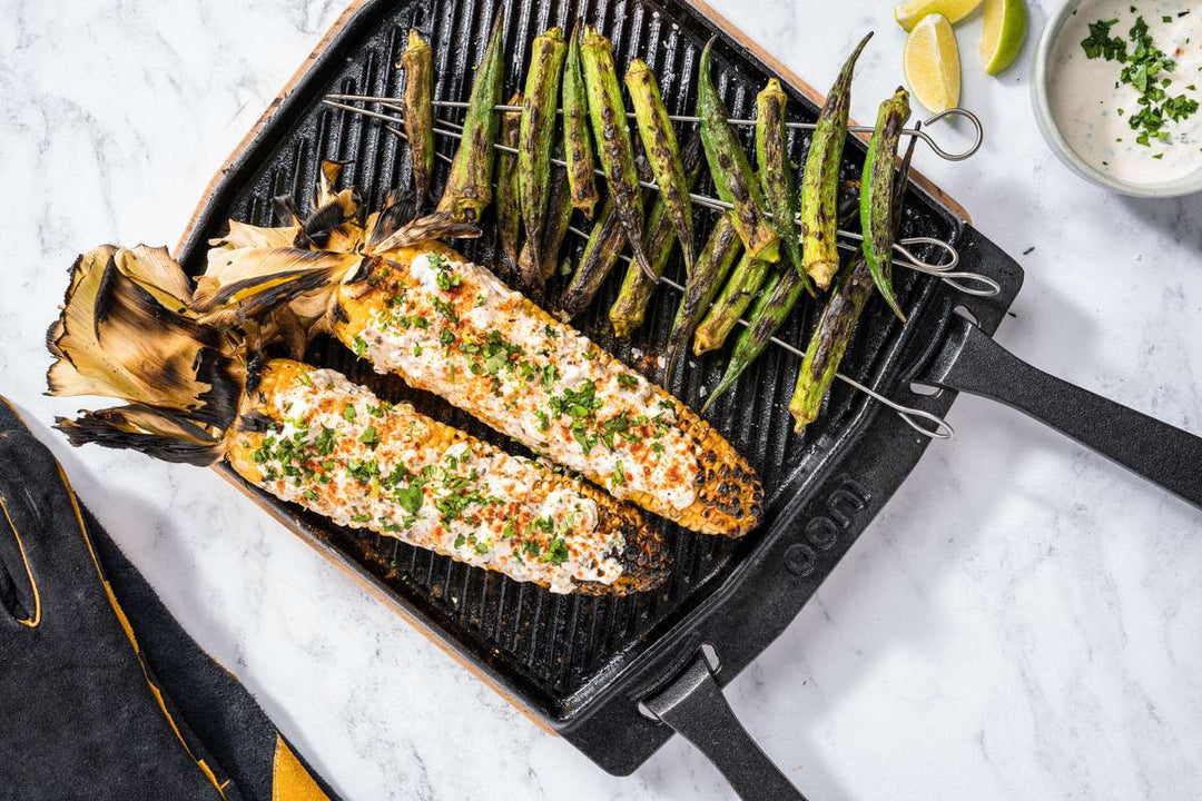 Cast Iron Elotes and Okra