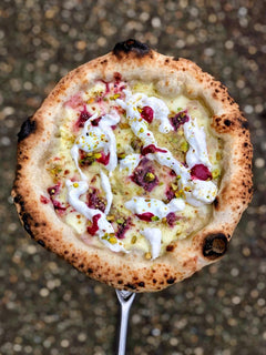 Spicy Beets, Black Garlic and Stracciatella Pizza with Pistachio