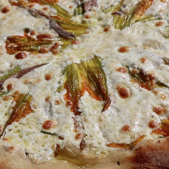 Ricotta, Sicilian Anchovy, and Zucchini Flower Pizza