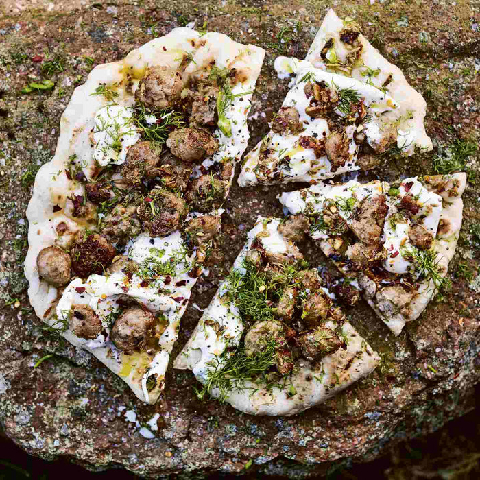 Flatbread with Chilli and Fennel Sausage, Burrata and Herbs