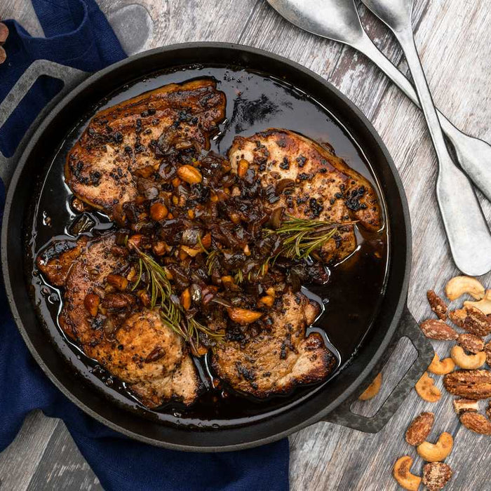Balsamic Glazed Pork Steaks with Chopped Nuts and Honey