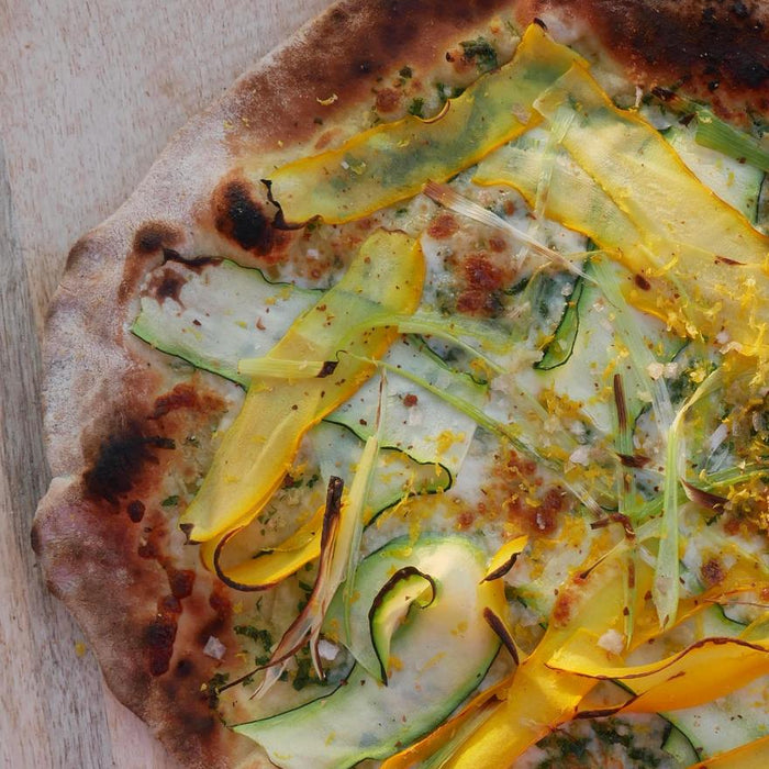 Courgette Ribbon Pizza with Spring Onions and Garlic Butter