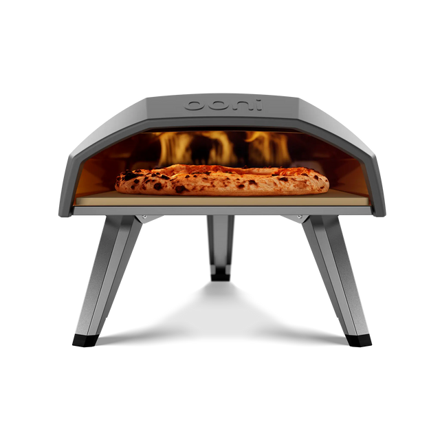 front view of Ooni Koda 12 gas pizza oven with Pizza inside 