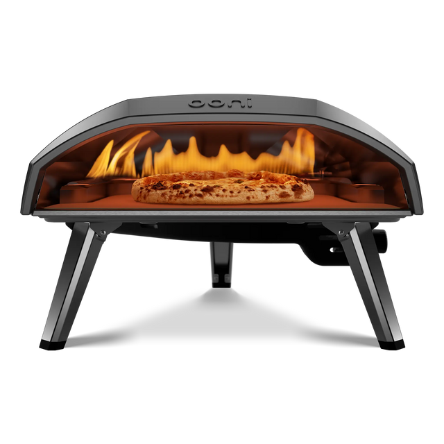 front view of Ooni Koda 16 gas pizza oven  with a pizza inside 