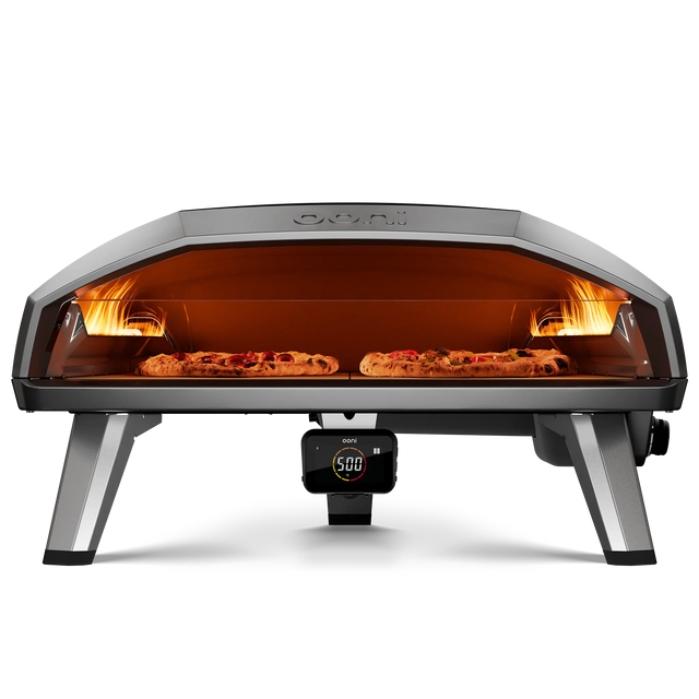 Front view of Koda 2 Max gas powered pizza oven with two pizzas inside side by side 
