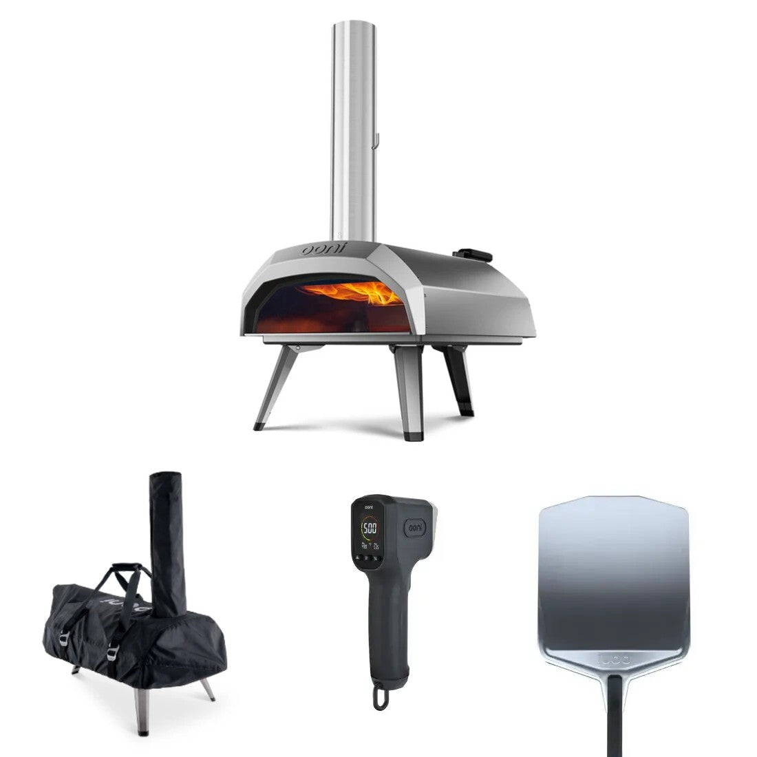 karu 12 essentials bundle, with karu 12 multi-fuel pizza oven, carry cover for Karu 12, digital infrared thermometer and ooni pizza peel