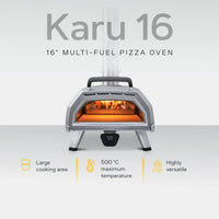 Ooni Karu 16 16" Multi-Fuel Pizza Oven with white background and description of key features