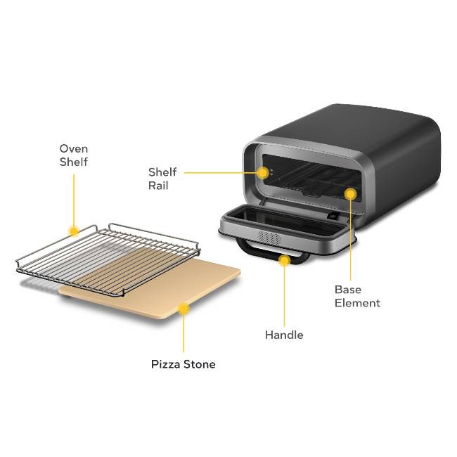 component breakdown of ooni volt 2. includes oven body, handle, pizza stone, shelf rail and oven shelf. 