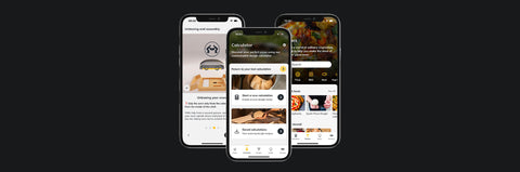 App section with different sections of the app, unboxing and assembly, dough calculator and recipes content. 